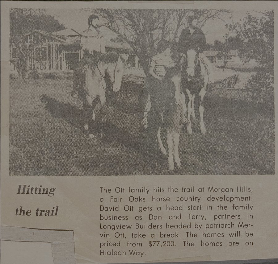 Sacramento Bee, circa 1970 — the Ott family at Morgan Hills, Fair Oaks, as young David Ott gets his start in the family construction business