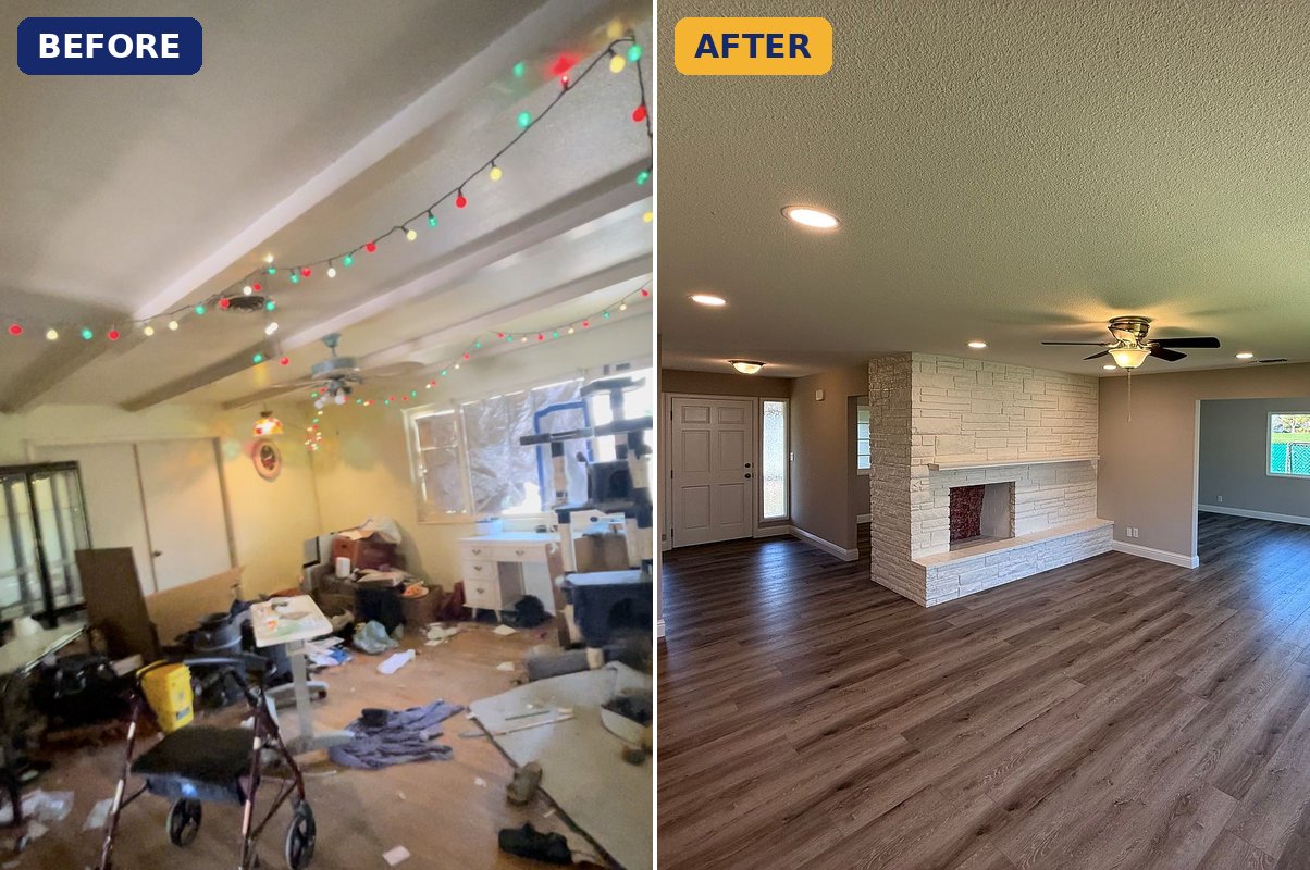 Before and after — a Yuba City kitchen bought as-is and rebuilt by Yuba Sutter Real Estate Group